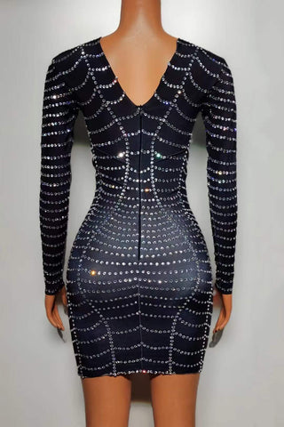 Black Long Sleeve Mini Dress with Rhinestone Stripes