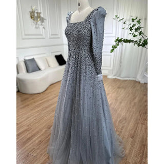 Arabic Grey A-Line Evening Dress 2024 with Puffy Shoulders, Elegant Beaded Luxury - Ideal for Women's Wedding Party