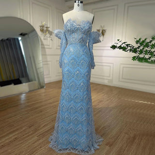 Arabic Beige Elegant Mermaid Boat Neck Pearls Beaded Dubai Evening Dress: Long Luxury Gown for 2024