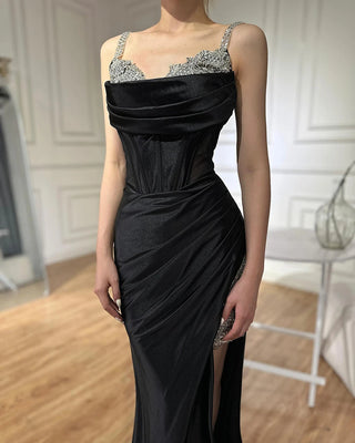 Ships in 1 to 3 Days - 2024 Saudi Arabic Spaghetti Strap Wine Red Satin Evening Dress - High Slit Gown for Formal Occasions
