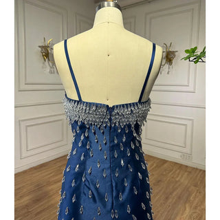 Blue Mermaid Sexy Spaghetti Straps Boat Neck Beaded Luxury Arabic Evening Dress: Elegant Gown for Women's Party
