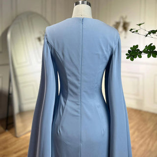 Arabic Blue Mermaid Evening Gown: Elegant Cape Sleeves, Beaded Satin Luxury - Women's Party Dresses 2024