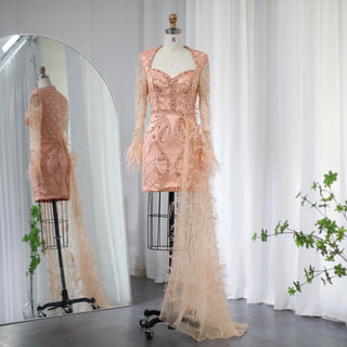 Custom-Made Feathered Dubai Short Evening Dress with Overskirt - Arabic Blue Lilac Mini Cocktail & Prom Dress