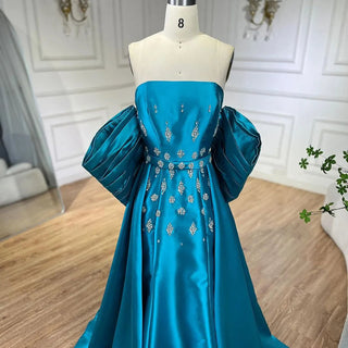 Arabic Blue Satin Mermaid Strapless Puff Sleeves Beaded Evening Dresses Gowns for Women | Wedding Party 2024