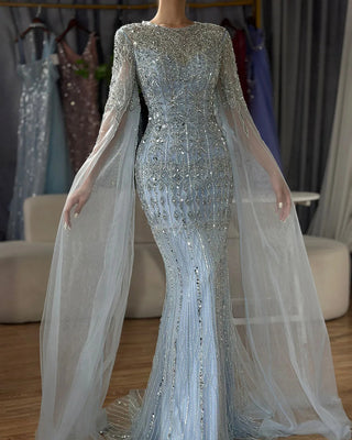 Ships in 1 to 3 Days - 2024 Saudi Arabia Caramel Mermaid Evening Gown - Elegant Cape Sleeve Luxury Beaded Dress for Formal Occasions