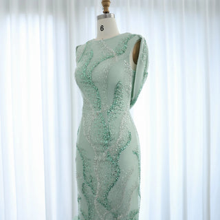 Custom-Made Luxury Dubai Sage Green Evening Gown with Feather Details - 2024 Arabic Wedding, Graduation, and Prom Dress