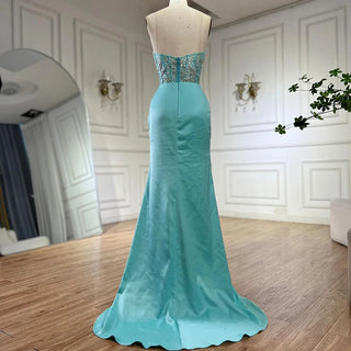 Blue Split Strapless Mermaid Luxury Beaded Arabic Dubai Evening Dress | Gown for Women's Wedding Party 2024