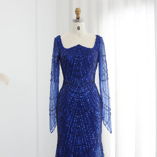Dubai Luxury Black Beaded Mermaid Evening Gown with Long Sleeves - Arabic Champagne Formal Prom Dress