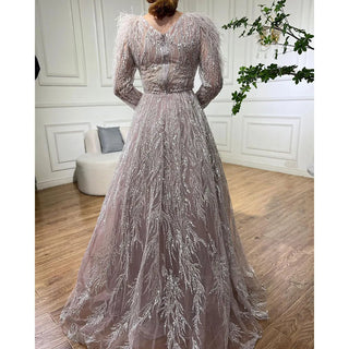 Beige Muslim A-Line Evening Dress 2024 with Beaded Feathers Luxury, Dubai Inspired - Ideal for Women's Wedding Party