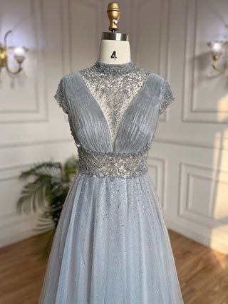 Majestic Mist: 2024 Grey High-Neck A-Line Beaded Long Evening Gown