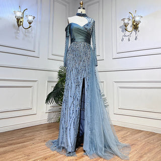Arabic Blue Mermaid Evening Dress with High Split and Beading - Women's Wedding Party Gown (2024)