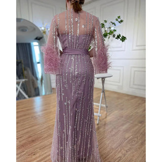 Beaded Feathers A-Line Cream Caftan Marocain Femme Evening Dress with Jacket - Gown for Party