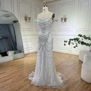 Dubai White Nude Strapless Mermaid Luxury Evening Dresses Gowns Pearls Beaded for Women Wedding Party 2024