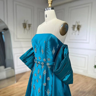 Arabic Blue Satin Mermaid Strapless Puff Sleeves Beaded Evening Dresses Gowns for Women | Wedding Party 2024