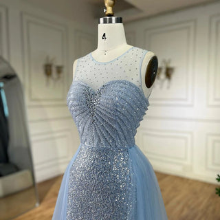 Dubai Arabic Mermaid Blue Elegant with Overskirt Beaded Evening Dresses Gowns for Women's Wedding Party 2024