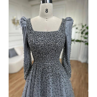 Arabic Grey A-Line Evening Dress 2024 with Puffy Shoulders, Elegant Beaded Luxury - Ideal for Women's Wedding Party