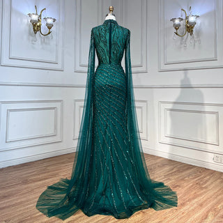 Arabic Caramel Mermaid Evening Dress with Cape Sleeves - Lace Beaded Long Gown for Women's Wedding Party (2024)