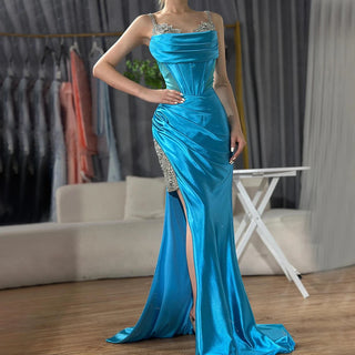Ships in 1 to 3 Days - 2024 Saudi Arabic Spaghetti Strap Wine Red Satin Evening Dress - High Slit Gown for Formal Occasions