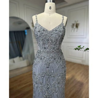 Arabic Grey Mermaid Evening Dress 2024 with Spaghetti Straps, Elegant Beaded Luxury - Ideal for Women's Party