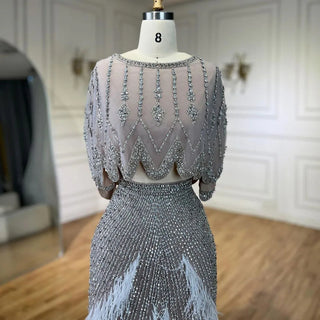 Dubai White Feathers Two Pieces Midi Luxury Evening Dress for Women Wedding: Beaded Short Prom Party Gowns