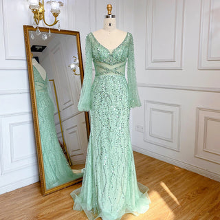 Dubai Mint Mermaid Elegant Beaded Luxury Arabic Evening Dress Gown for Women Wedding Party 2024