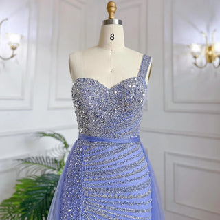 Blue One Shoulder High Split Mermaid Evening Dress with Beaded Overskirt - Elegant Gown for Women Party