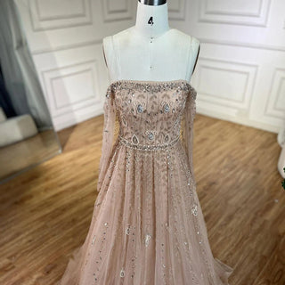 Arabic Nude Boat Neck A-Line Beaded Long Evening Gown for Women's Wedding Party