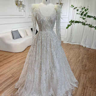 Beige Muslim A-Line Evening Dress 2024 with Beaded Feathers Luxury, Dubai Inspired - Ideal for Women's Wedding Party