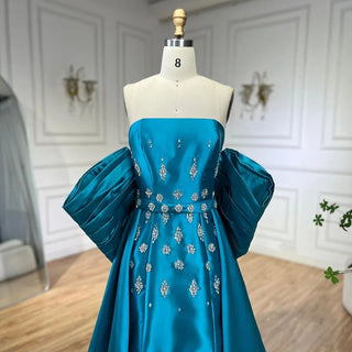 Arabic Blue Satin Mermaid Strapless Puff Sleeves Beaded Evening Dresses Gowns for Women | Wedding Party 2024