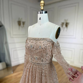 Arabic Nude Boat Neck A-Line Beaded Long Evening Gown for Women's Wedding Party