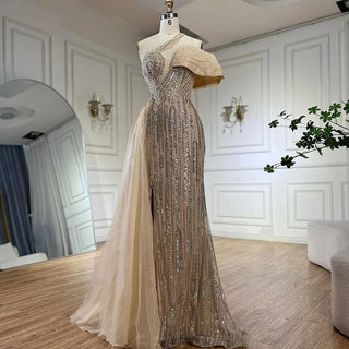 2024 Arabic Fuchsia One Shoulder Blue Beaded Luxury Dubai Evening Gowns with Side Skirt for Women's Party