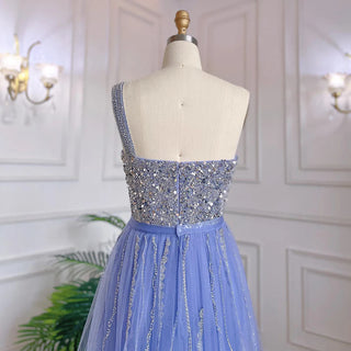 Blue One Shoulder High Split Mermaid Evening Dress with Beaded Overskirt - Elegant Gown for Women Party