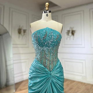 Blue Split Strapless Mermaid Luxury Beaded Arabic Dubai Evening Dress | Gown for Women's Wedding Party 2024
