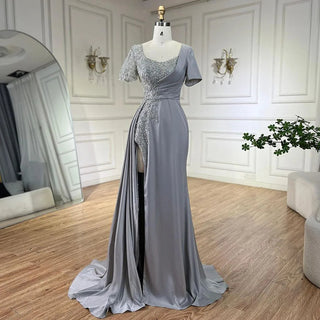 Arabic Lilac Mermaid Elegant Satin Beaded Luxury Dubai Gray Evening Dresses Gowns For Women Wedding Party