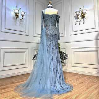 Arabic Blue Mermaid Evening Dress with High Split and Beading - Women's Wedding Party Gown (2024)