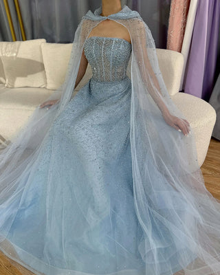 Ships in 1 to 3 Days - 2024 Rose Gold Saudi Arabic Evening Gown with Beaded Detailing and Hooded Cape for Formal Occasions