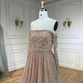 Arabic Nude Boat Neck A-Line Beaded Long Evening Gown for Women's Wedding Party