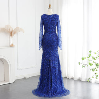 Dubai Luxury Black Beaded Mermaid Evening Gown with Long Sleeves - Arabic Champagne Formal Prom Dress