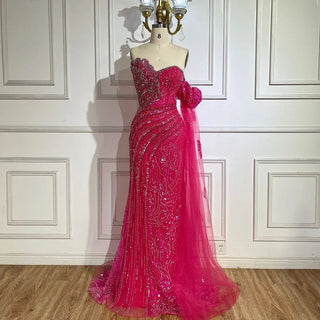 Ships in 1 to 3 Days - Arabic Blue Strapless Yellow High-Split Mermaid Beaded Luxury Evening Gown for Women Wedding Party 2024