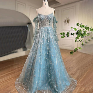 Arabic Purple Spaghetti Strap A-Line Dubai Evening Dress 2024 with Long Sleeves, Beaded Luxury - Ideal for Special Occasions