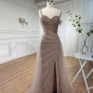 Blue One Shoulder High Split Mermaid Evening Dress with Beaded Overskirt - Elegant Gown for Women Party