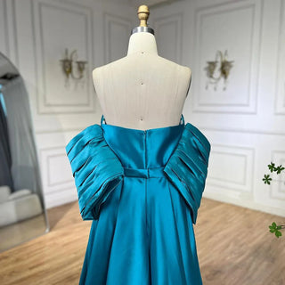 Arabic Blue Satin Mermaid Strapless Puff Sleeves Beaded Evening Dresses Gowns for Women | Wedding Party 2024