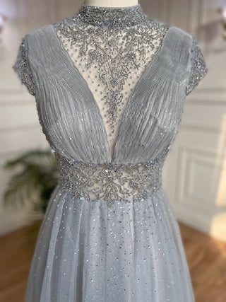 Majestic Mist: 2024 Grey High-Neck A-Line Beaded Long Evening Gown