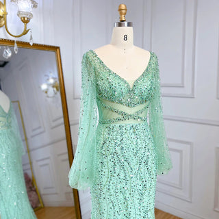 Dubai Mint Mermaid Elegant Beaded Luxury Arabic Evening Dress Gown for Women Wedding Party 2024