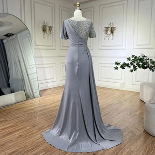 Arabic Lilac Mermaid Elegant Satin Beaded Luxury Dubai Gray Evening Dresses Gowns For Women Wedding Party