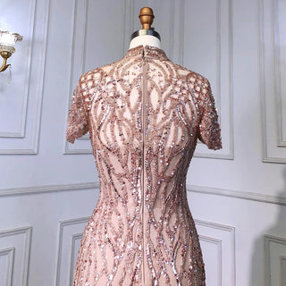 Ships in 1 to 3 Days - Dubai Grey Mermaid High Neck Elegant Short Sleeves Luxury Beaded Sparkle Formal Evening Dresses 2024
