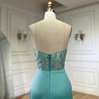Blue Split Strapless Mermaid Luxury Beaded Arabic Dubai Evening Dress | Gown for Women's Wedding Party 2024