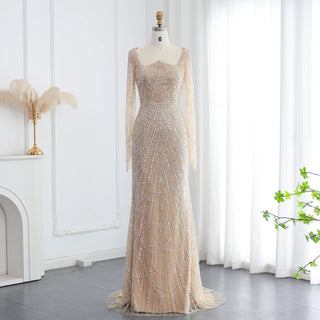 Dubai Luxury Black Beaded Mermaid Evening Gown with Long Sleeves - Arabic Champagne Formal Prom Dress