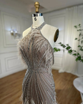 Caramel Mermaid Sleeveless Evening Gown: High Split with Beaded Feathers for Women's Wedding Party 2024