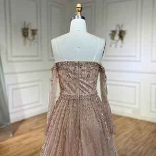 Arabic Nude Boat Neck A-Line Beaded Long Evening Gown for Women's Wedding Party